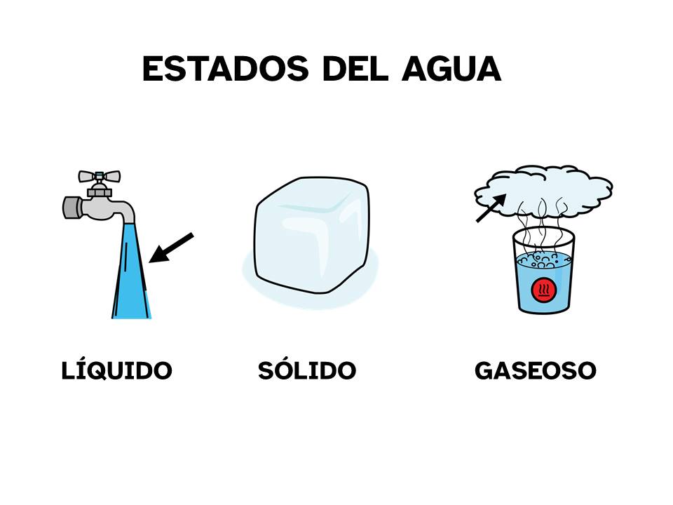 La infografía muestra agua en estado líquido, sólido y gaseoso
