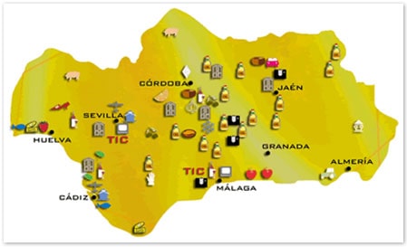 Mapa de Andalucía con las principaes actividades económicas en cada provincia.