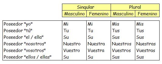 Aquí tienes los distintos determinantes posesivos