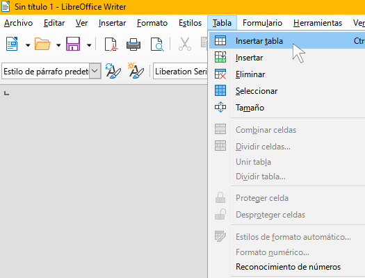 Ventana de insertar una tabla