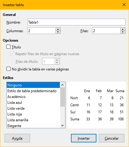 Ventana de insertar una tabla