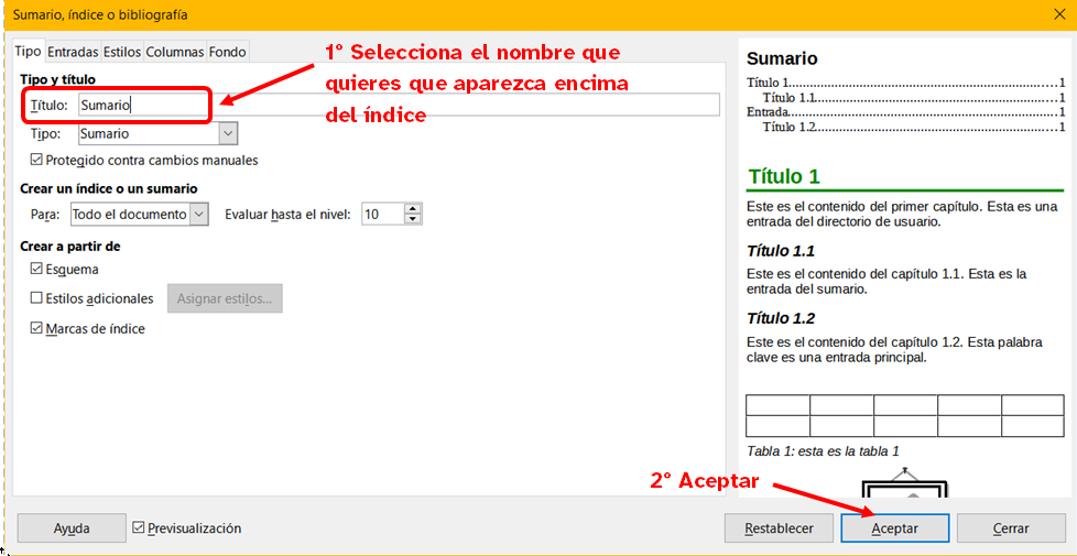 Ventana crear un índice